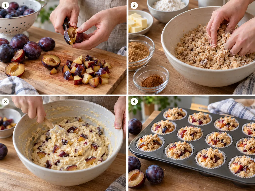 Vier Schritte fuer Pflaumenmuffins vom Schneiden bis zum Blech