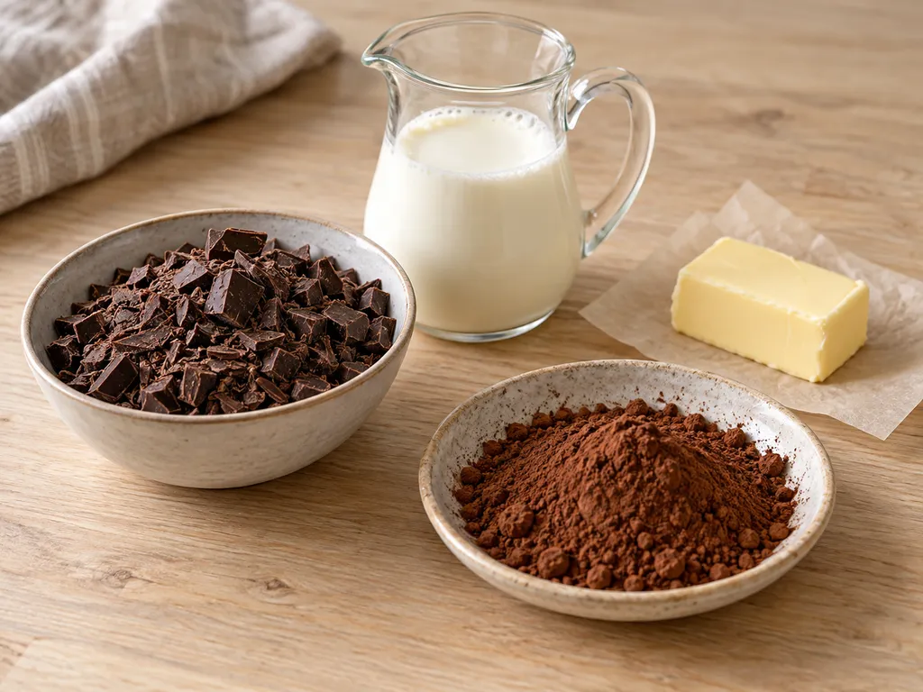 Zartbitterschokolade, Sahne, Butter und Kakao für Pralinen