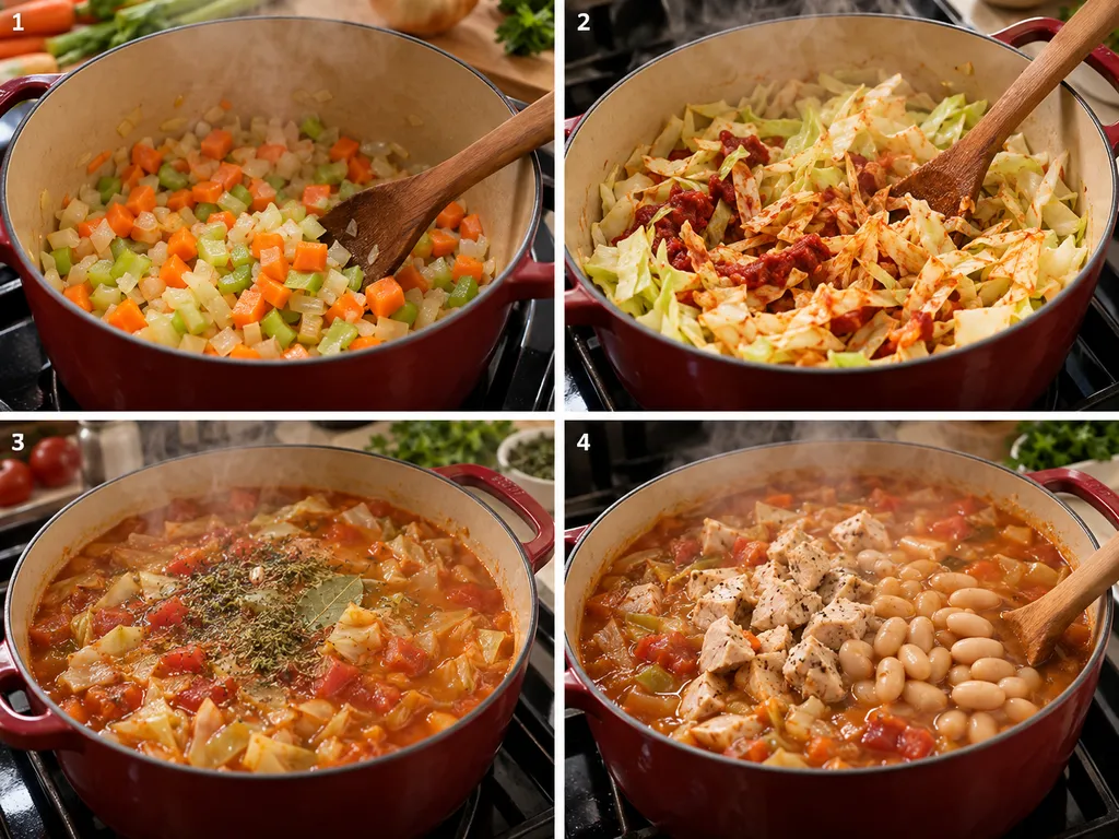 Vier Kochschritte für Kohlsuppe mit Kohl, Hähnchen und Bohnen