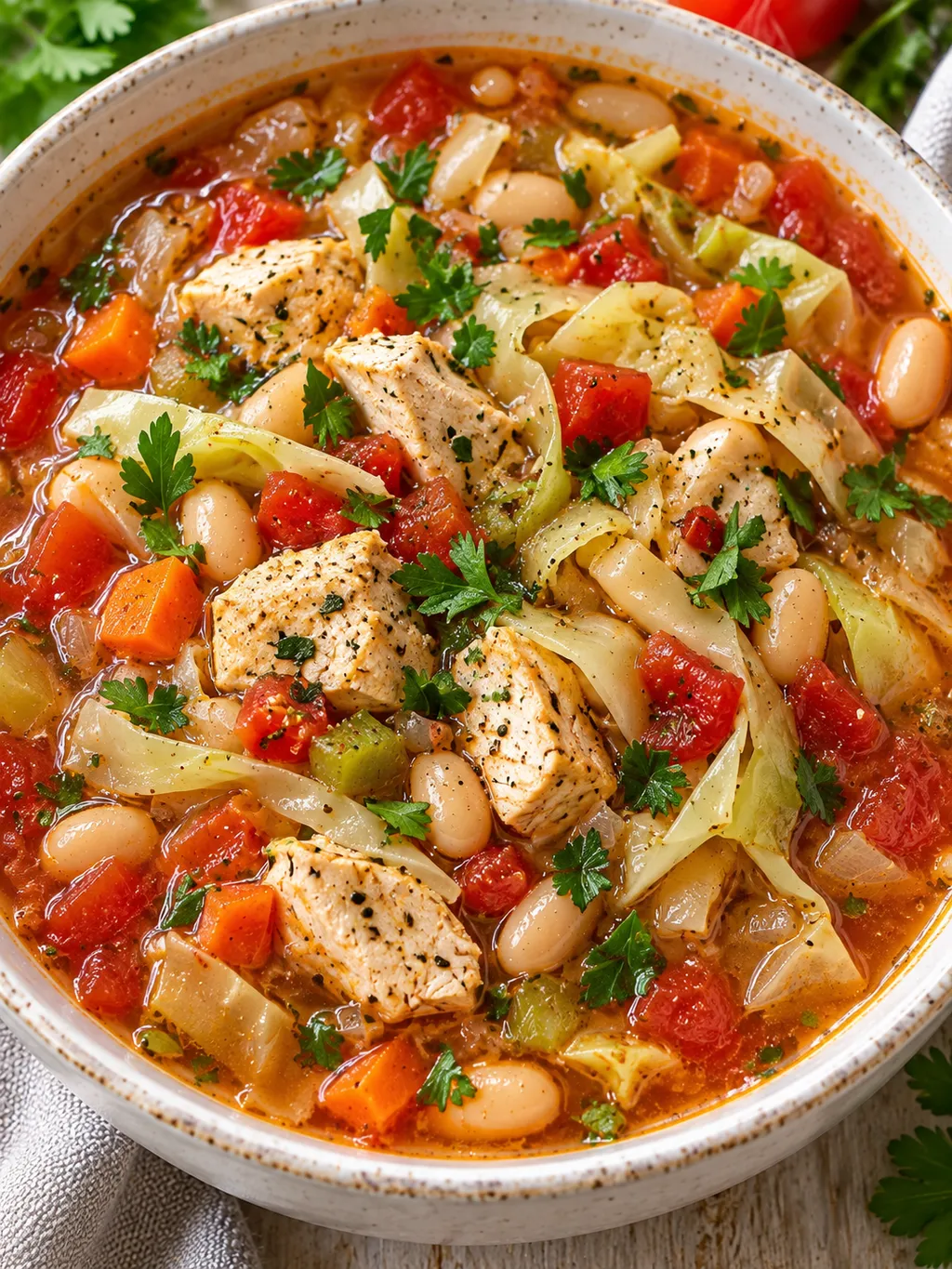 Schale Kohlsuppe mit Hähnchen, weißen Bohnen, Tomaten und Petersilie