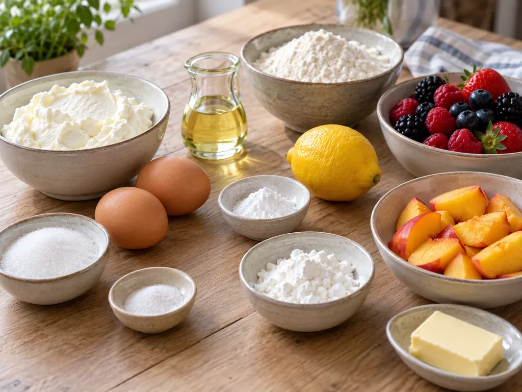 Zutaten für Quark-Früchte-Kuchen mit Quark, Eiern, Mehl und Obst