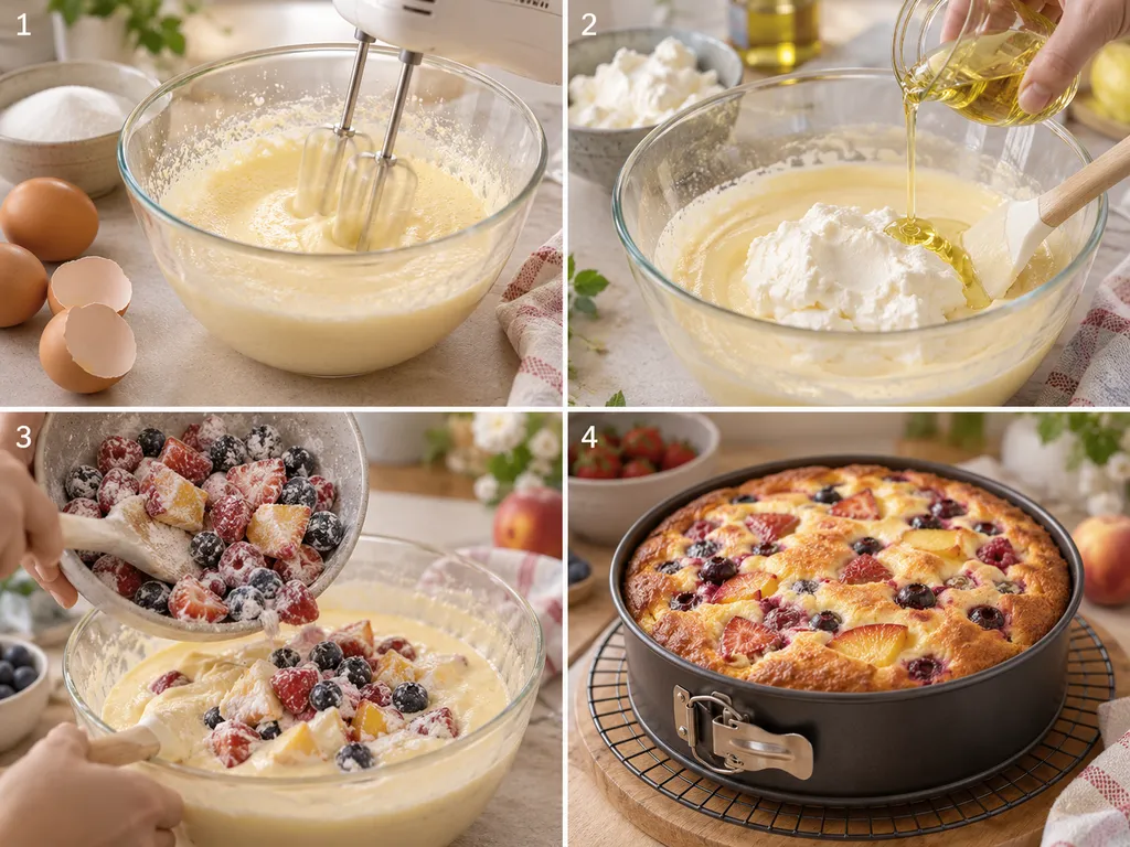 Vier Schritte für Quark-Früchte-Kuchen vom Rühren bis zum Backen