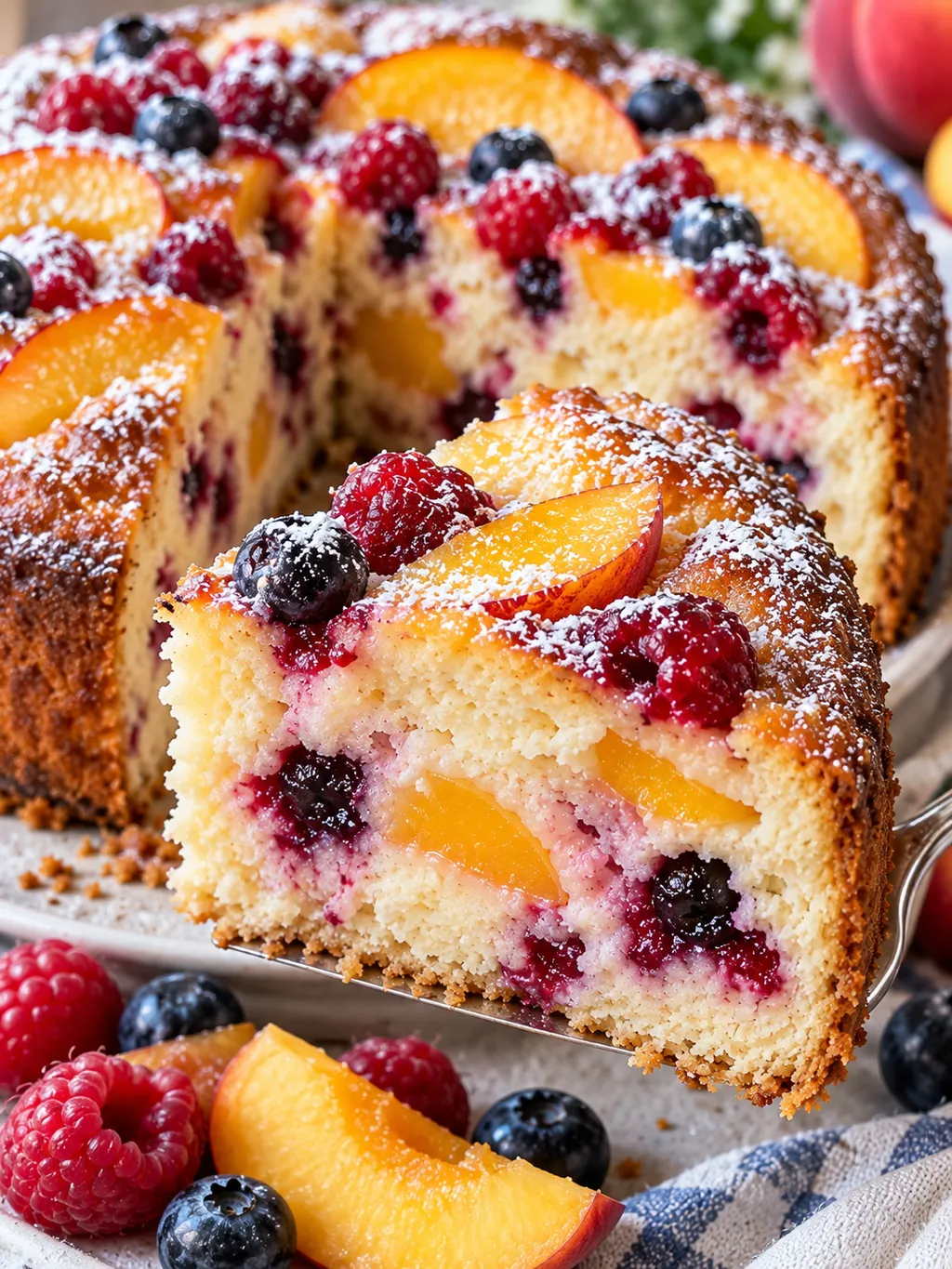 Saftiger Quark-Früchte-Kuchen mit Beeren und Pfirsichstücken
