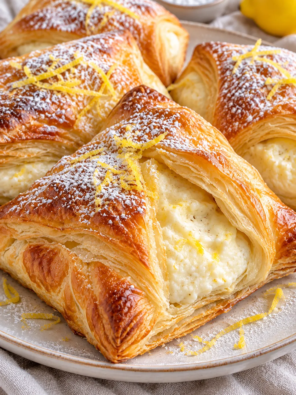 Quarktaschen aus dem Ofen mit Puderzucker und sichtbarer Füllung
