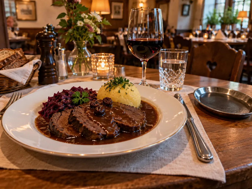 Ein gedeckter Restauranttisch mit Sauerbraten-Teller und leerer Rechnungsschale.