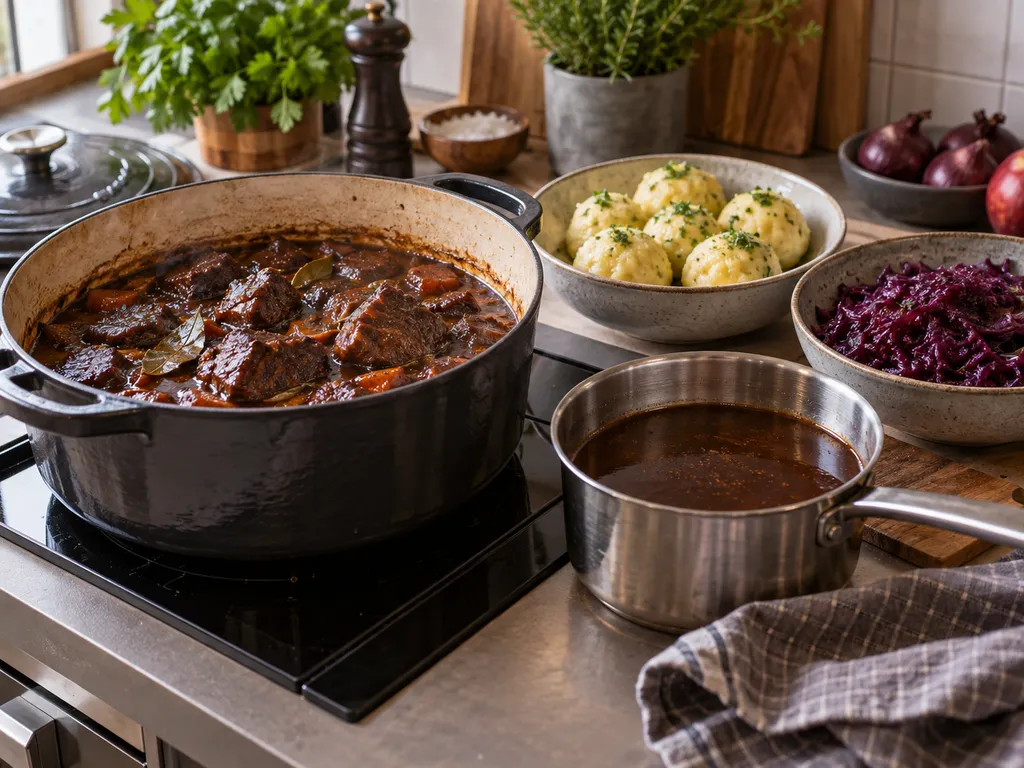 Ein professioneller Küchenbereich mit Schmortopf, Sauce, Klößen und Rotkohl.