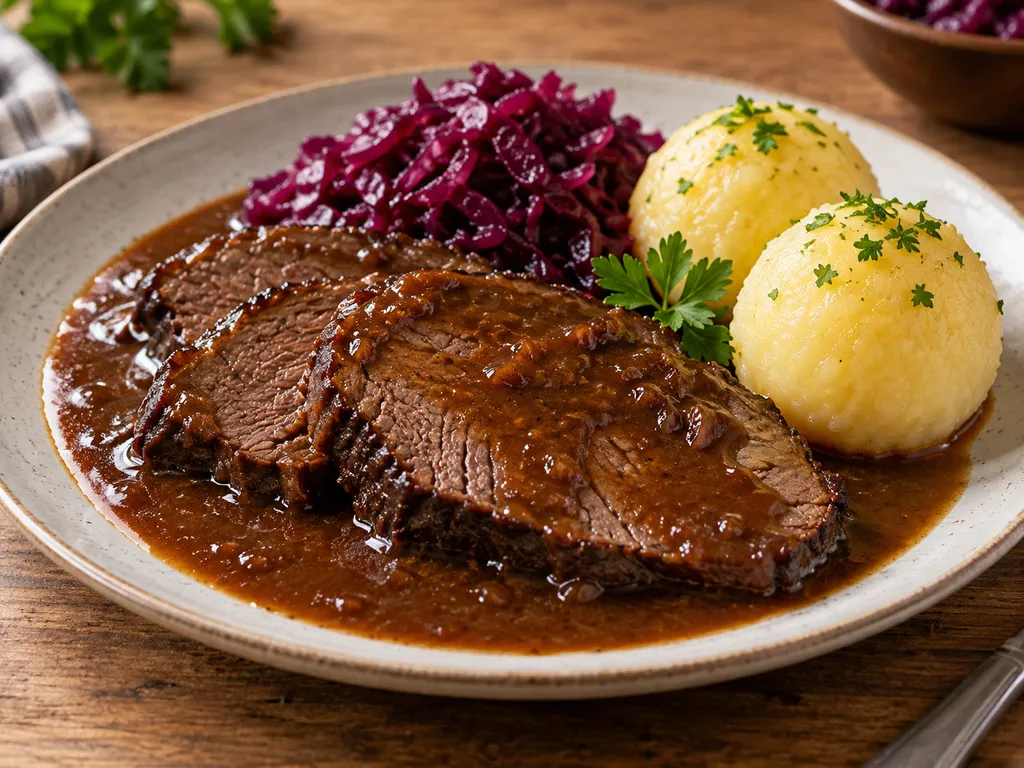 Nahaufnahme von Sauerbraten mit glänzender Sauce, Rotkohl und Kartoffelklößen.