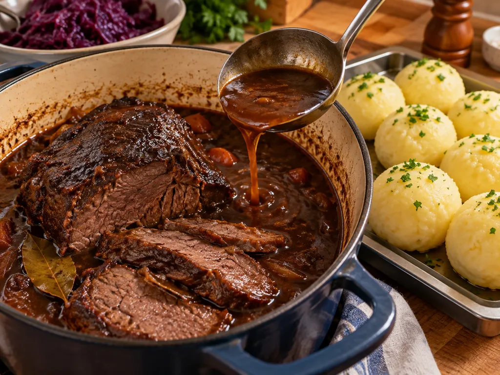 Geschmorter Sauerbraten in dunkler Soße neben geformten Kartoffelklößen