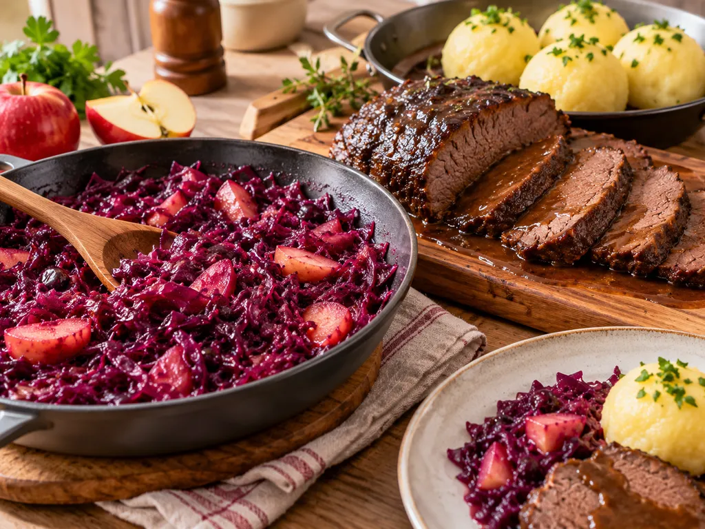 Rotkohl mit Apfel neben Sauerbraten und Klößen kurz vor dem Servieren