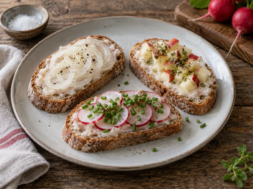 Drei Schmalzbrot-Varianten mit Zwiebeln, Apfel-Majoran und Schnittlauch-Radieschen auf einem Teller.