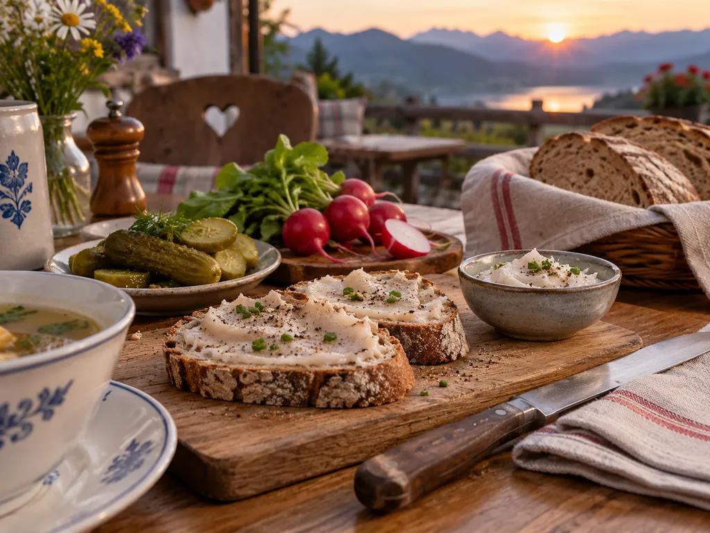 Kleine Brotzeit mit Schmalzbrot, Gurken, Radieschen und einer Schale Suppe auf dem Tisch.