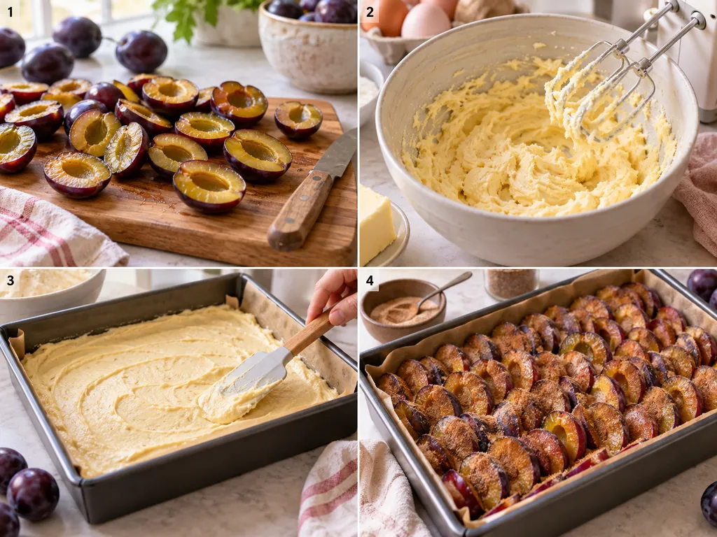 Vier Schritte für Pflaumenkuchen vom Schneiden bis zum Belegen