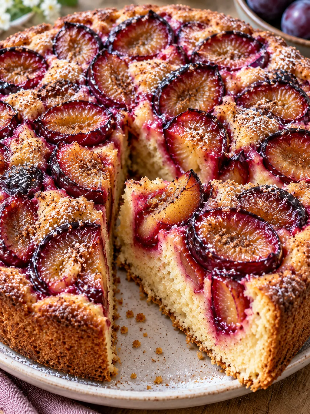 Pflaumenkuchenstücke mit saftigen Pflaumen und goldbrauner Krume