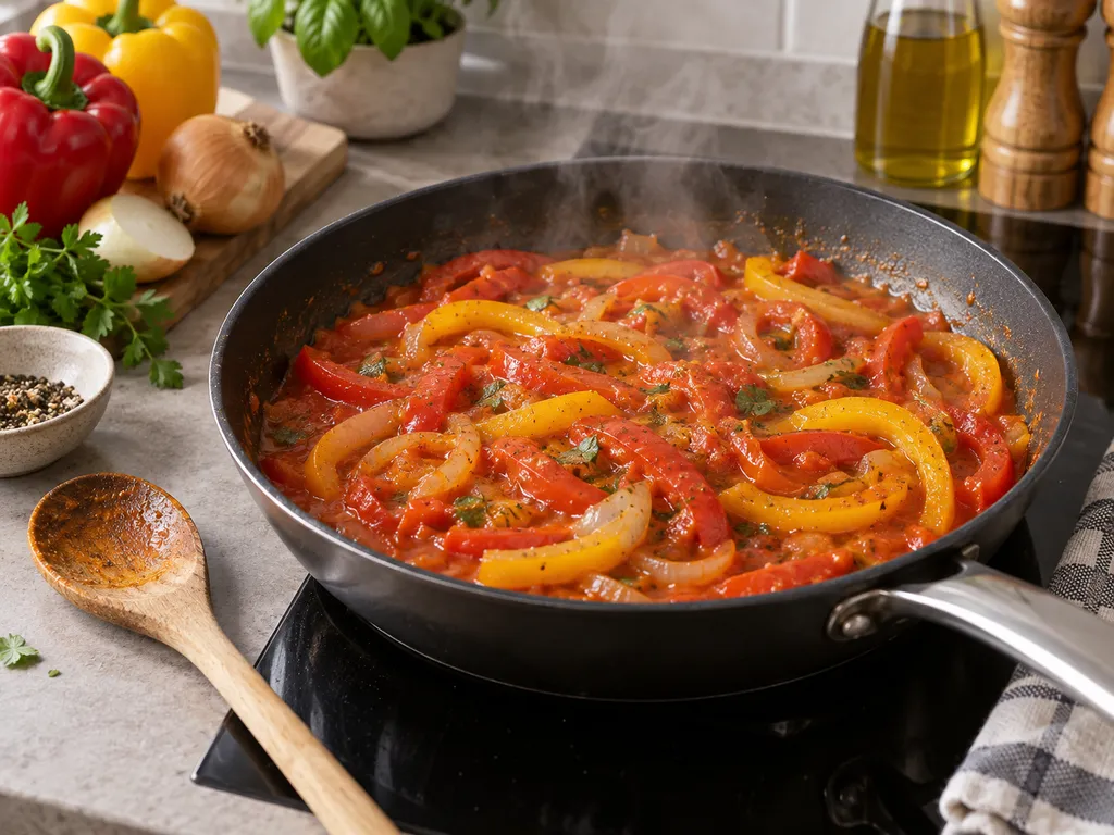 Paprikasauce mit Paprikastreifen köchelt in einer Pfanne.