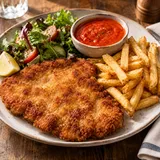 Teller mit Schnitzel, Paprikasauce, Pommes und kleinem Salat.