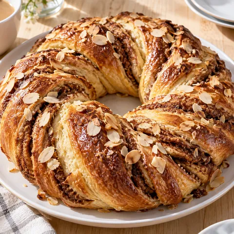 Goldbrauner Hefekranz mit Zimtfüllung und Mandelblättchen