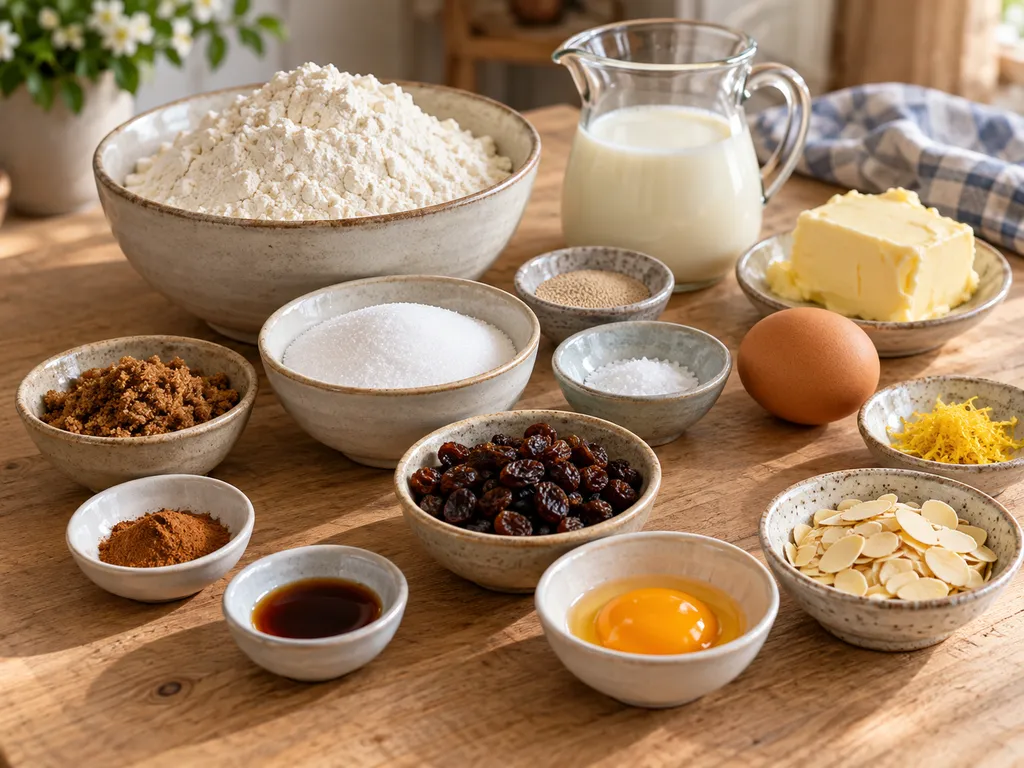 Zutaten für Hefekranz mit Zimt, Butter, Ei und Mandeln