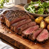 Aufgeschnittenes Steak auf einem Holzbrett mit Salat und Kartoffeln.