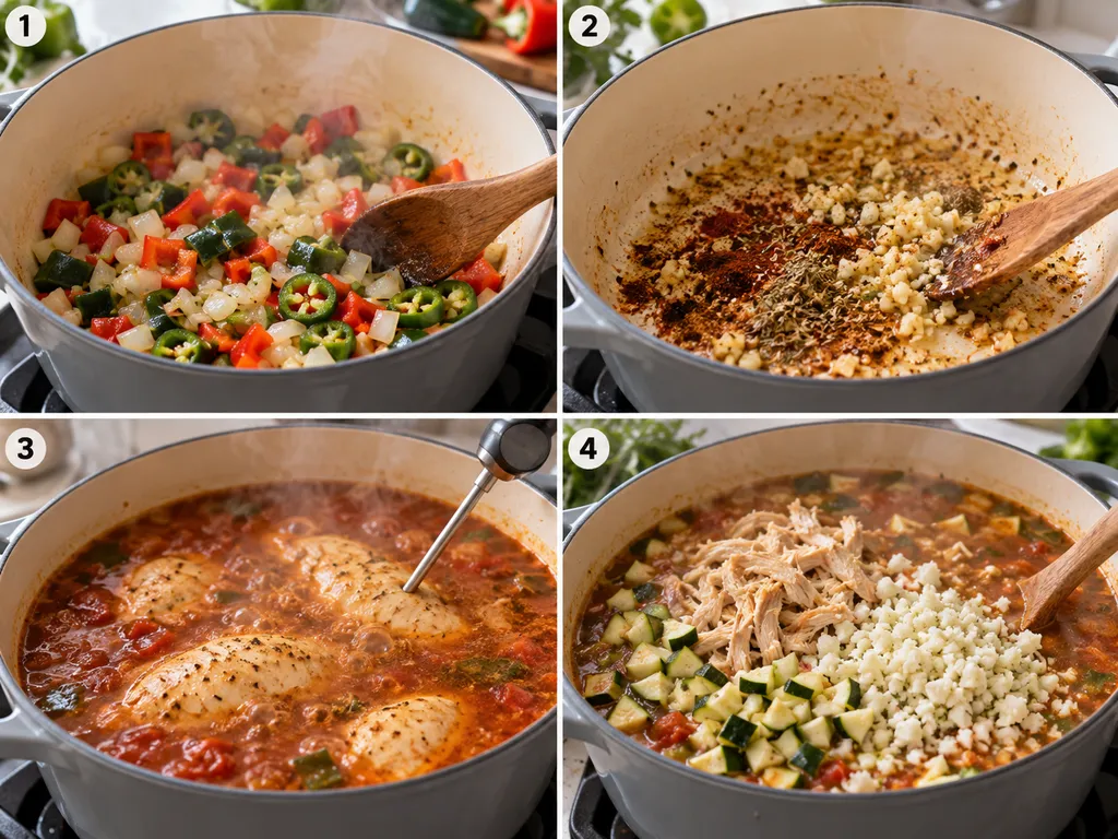 Vier Kochschritte für Südwest-Hühnersuppe im Suppentopf