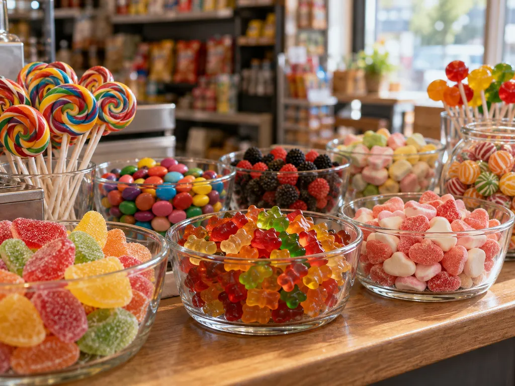 Kiosktresen mit verschiedenen losen Süßigkeiten in Glasschalen