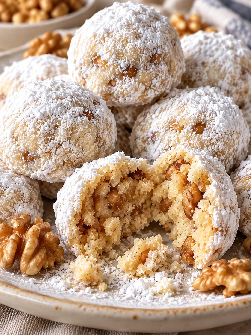 Gepuderte Teekugeln mit Walnüssen mit angebrochener Kugel