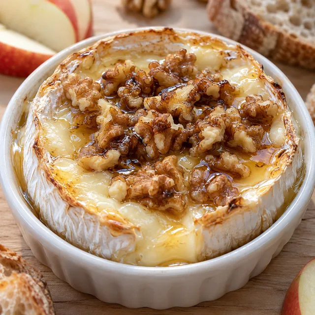 Warmer Ofen-Camembert mit Honig und Walnüssen in einer kleinen Form