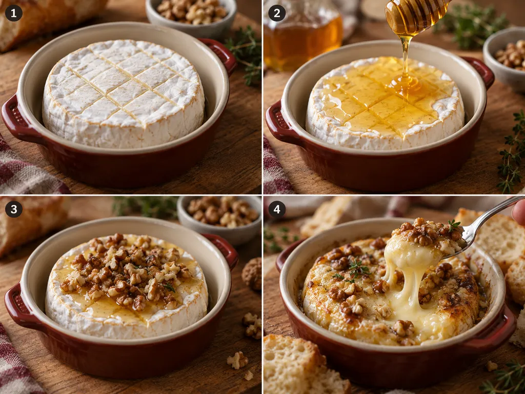 Vier Schritte für warmen Camembert mit Honig und Walnüssen
