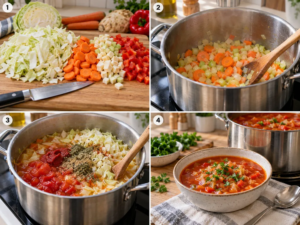 Vier Schritte für WW-Kohlsuppe vom Schneiden bis zur fertigen Suppe