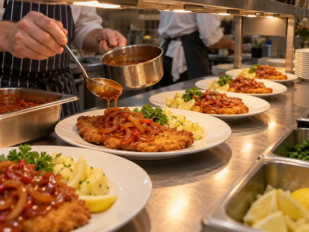 In einer Restaurantküche werden Schnitzel mit roter Paprika-Zwiebel-Sauce angerichtet.
