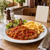 Ein Schnitzel mit roter Paprikasauce auf einem Restauranttisch neben einer leeren Speisekarte.