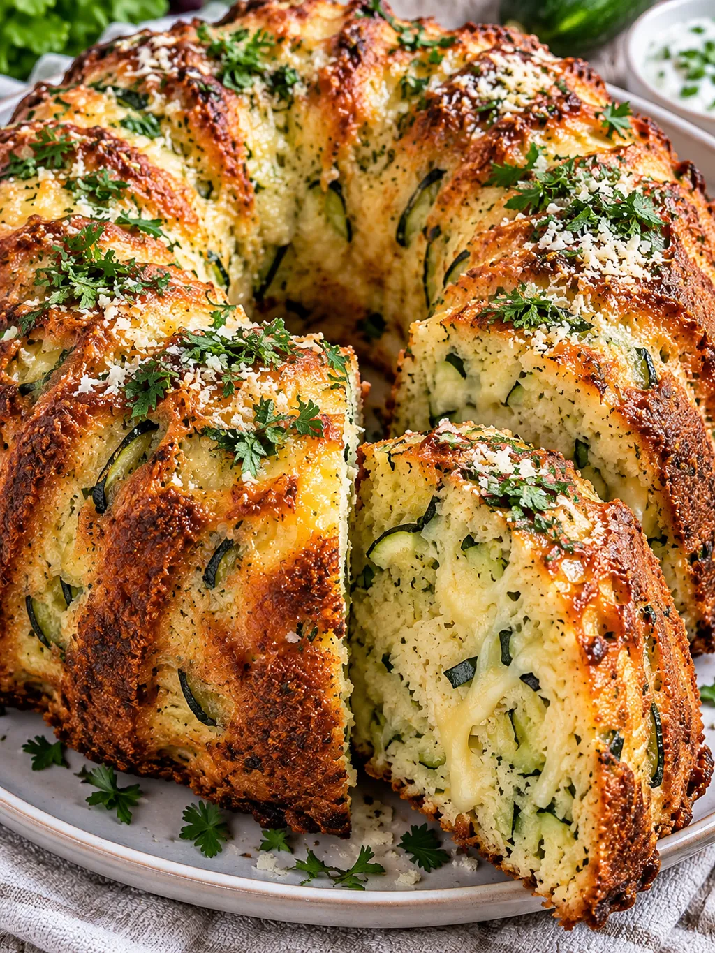 Zucchini-Käse-Kranz mit goldbrauner Kruste und saftiger angeschnittener Scheibe