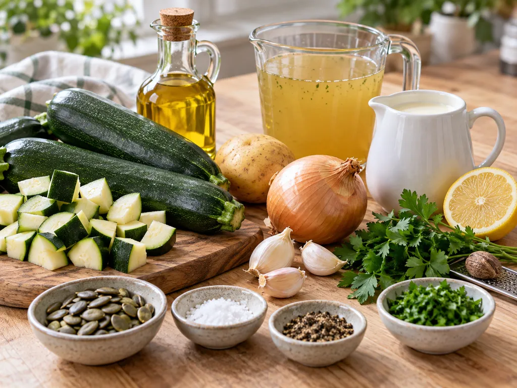 Zutaten für Zucchinisuppe mit Zucchini, Kartoffel und Sahne