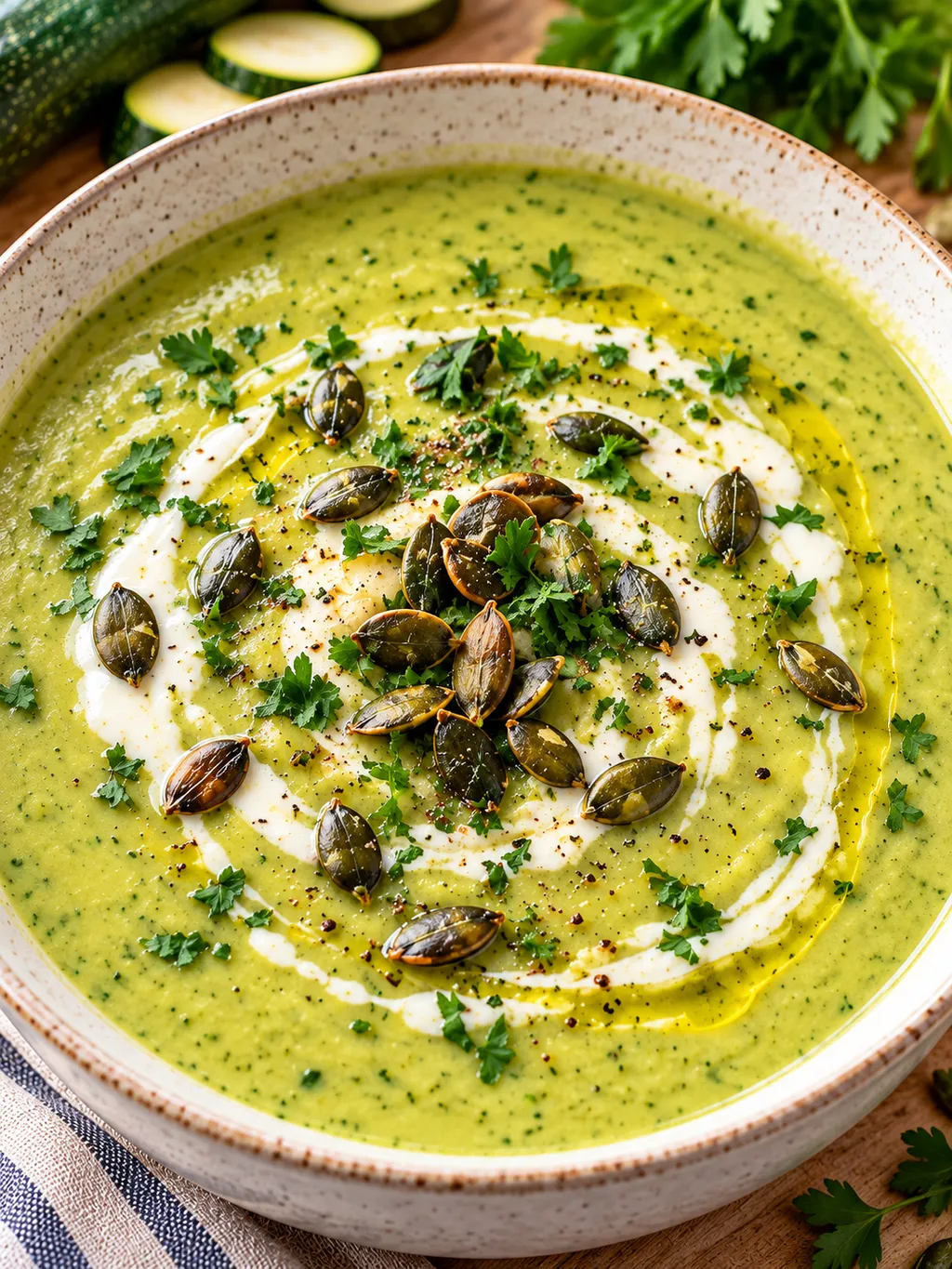 Schale cremige Zucchinisuppe mit Sahnewirbel und Kürbiskernen
